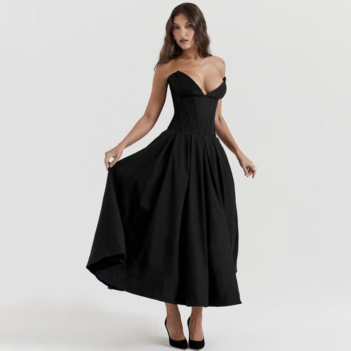V-neck dress with pleats, backless long gown 性感长裙连衣裙