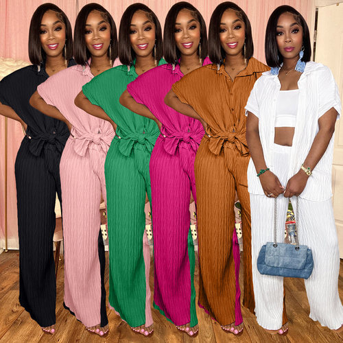 pleated short sleeved shirt, casual wide leg pants set 套装