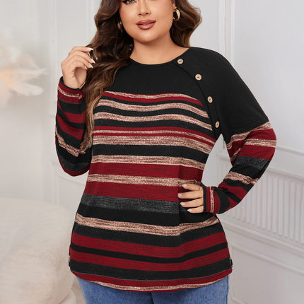 Women's plus size 4xl 3xl 2xl striped long sleeved top 上衣
