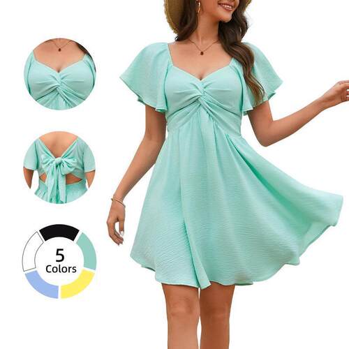 Square neck short sleeved high waisted vacation dress 女裙