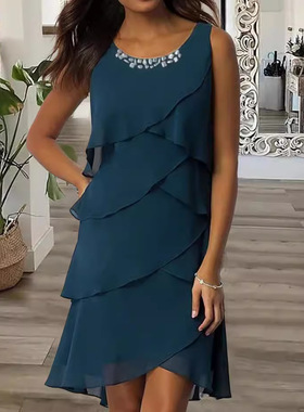 round neckline fashion casual rhinestone Sleeveless dress