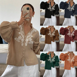 pearl shirt embroidered long sleeved breasted neck single