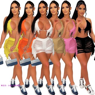 Sexy Women's Fashion Knitted Tassel Beach Shorts Set 套装