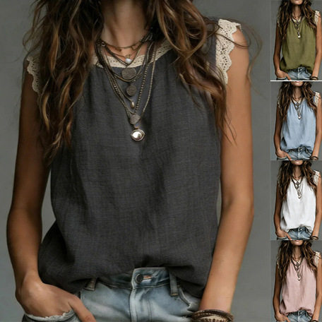 Women's vest lace round neck sleeveless top 女装背心无袖上衣