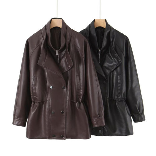 Double Layer Collar Double Button Belted PU Leather Jacket