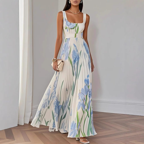 Strap digital printed pleated floral long skirt dress 连衣裙