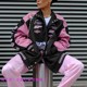 sleeved Sports Print Motorcycle Casual Jacket Coat Pink Long