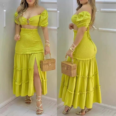 One shoulder back zipper high slit dress two-piece set 套装