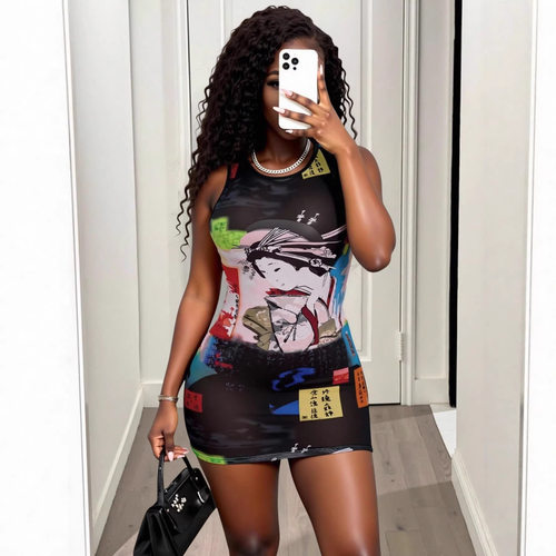 Fashion casual mesh printed sleeveless T-shirt vest dress