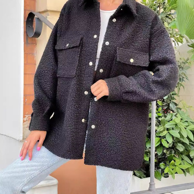 Woolen casual loose collared long sleeved shirt 翻领长袖衬衫