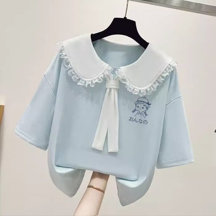 学院风海军娃娃领短袖t恤中大童夏季2026新款宽松小女孩半袖上衣