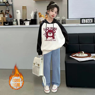 专柜撤柜尾货清仓多巴胺女童加绒秋冬学生女孩连帽卫衣+牛仔裤子