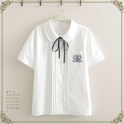 特大码女装微胖MM200斤遮肚风琴褶短袖衬衫jk制服学院娃娃领上衣