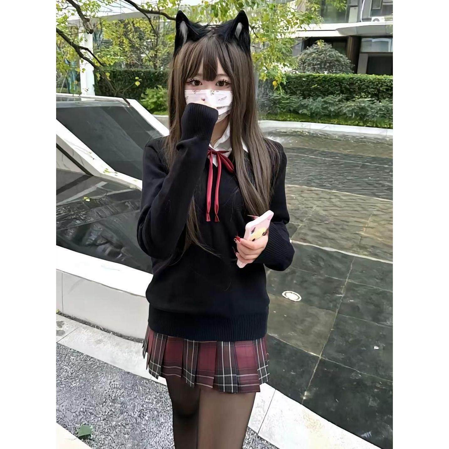 胖MM大码jk制服基础款长袖套头黑色针织衫百搭衬衫K短裙学院套装