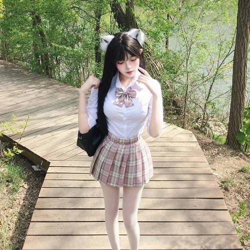 胖MM大码粉系少女jk格裙修身衬衫学院风百褶短裙半身裙子辣妹套装