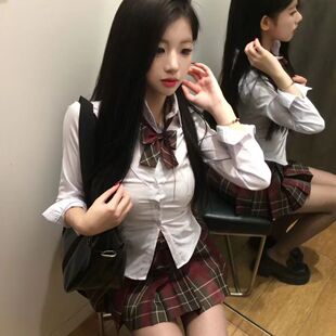 胖MM大码jk制服收腰衬衫纯欲风学院显瘦辣妹白衬衣海棠红裙套装女