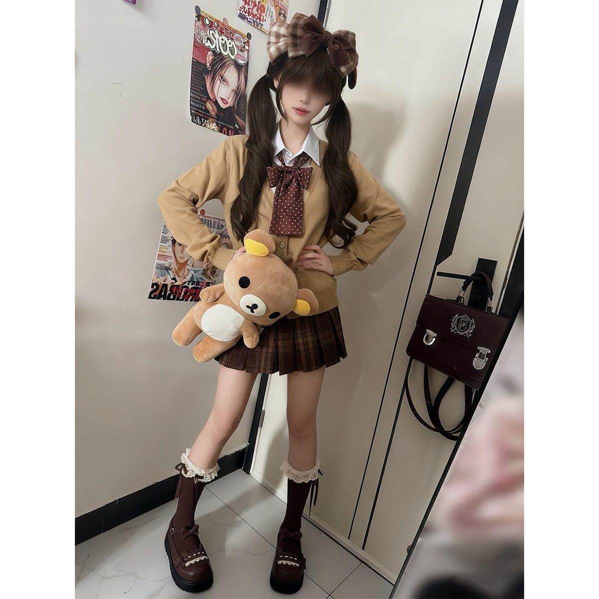 胖MM大码秋冬焦糖格裙甜美学生穿搭棕色制服针织毛衣开衫百搭衬衫