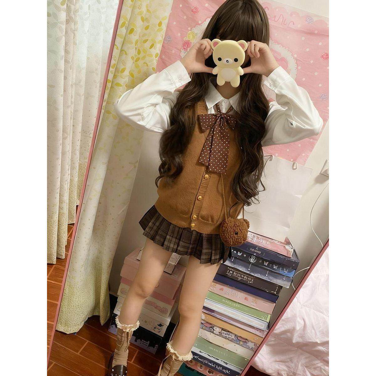 胖MM大码JK制服套装无袖棕色开衫V领马甲背心焦糖裙学院风针织衫