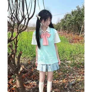 胖MM大码松蓝/JK制服背心针织马甲日系水蓝校供感格裙半身裙套装