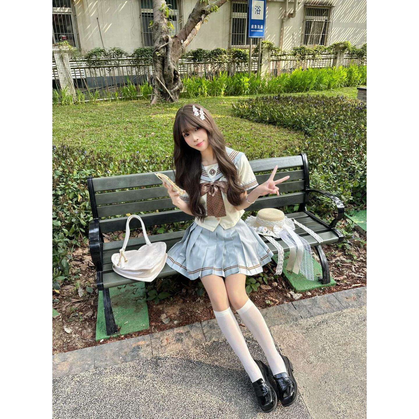 胖MM大码jk制服套装水手服日系春夏少女风薄荷奶绿短袖萌款中间服