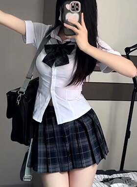 胖MM大码两件套/单件jk制服纯欲风短袖辣妹收腰衬衫碳灰百褶裙女