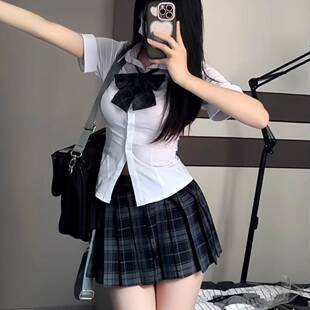 胖MM大码两件套/单件jk制服纯欲风短袖辣妹收腰衬衫碳灰百褶裙女