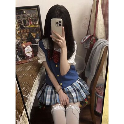 胖MM大码宝蓝色针织开衫马甲叠穿设计感领衬衫百搭蓝格子裙套装女