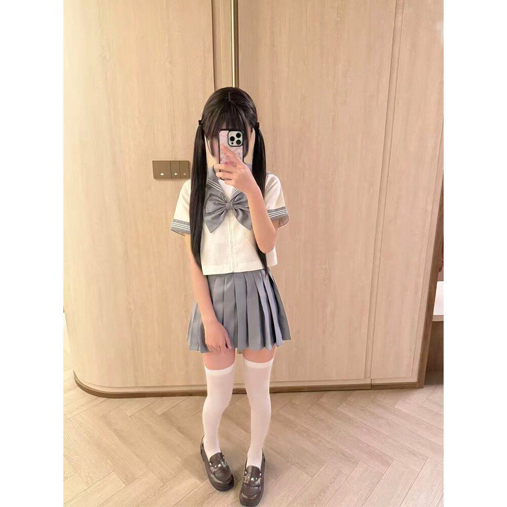 胖MM大码水手服套装短袖衬衫日系校供感春夏灰色三本JK短裙制服女图片
