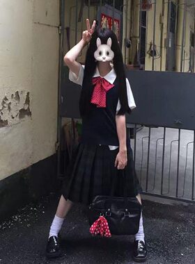 胖MM大码jk制服针织衫无袖背心毛衣马甲百搭海苔中裙上衣JK套装女