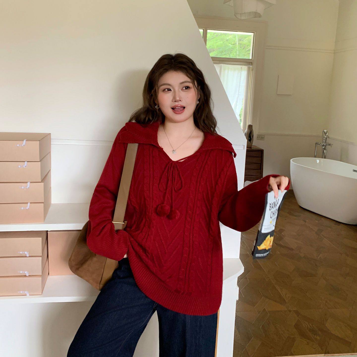 胖MM大码娃娃领红色毛衣多巴胺女装宽松软糯减龄显白显瘦秋冬法式