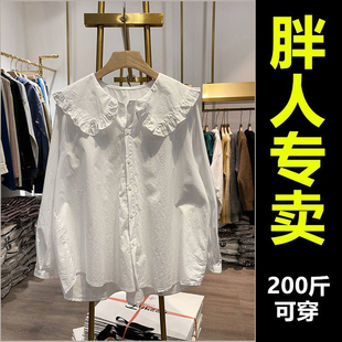 大码女装2021韩版宽松百搭减龄娃娃领荷叶边衬衫复古长袖衬衣潮女