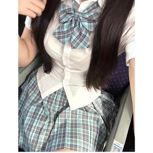 胖MM大码 jk制服裙原创日系校供感次日夏半身格裙收腰衬衫 套装 夏季