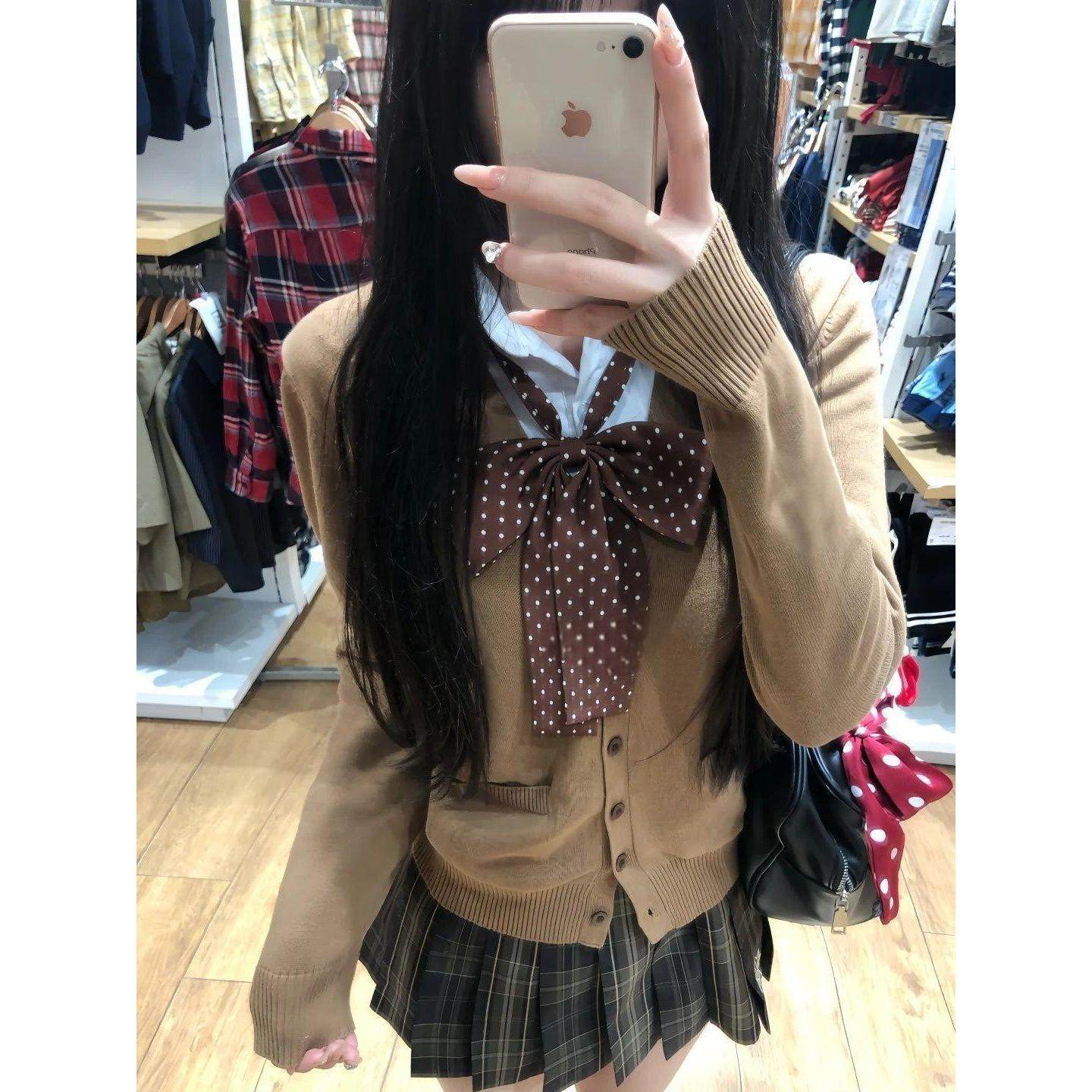 胖MM大码新品jk制服焦糖可颂格裙百搭棕色开衫软妹校供小个子套装