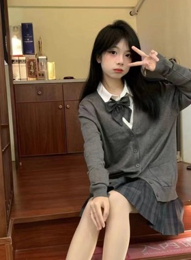 胖MM大码校园风JK毛衣灰色四件套学院风系列套装开衫纯色针织衫女