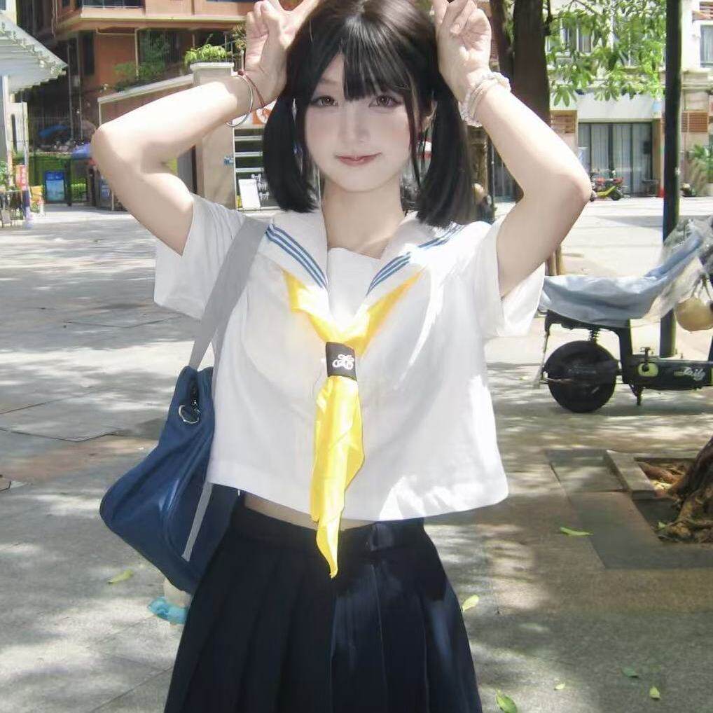 胖MM大码韩系百搭绀JK短裙学院风穿搭白领蓝三本中间水手服一整套