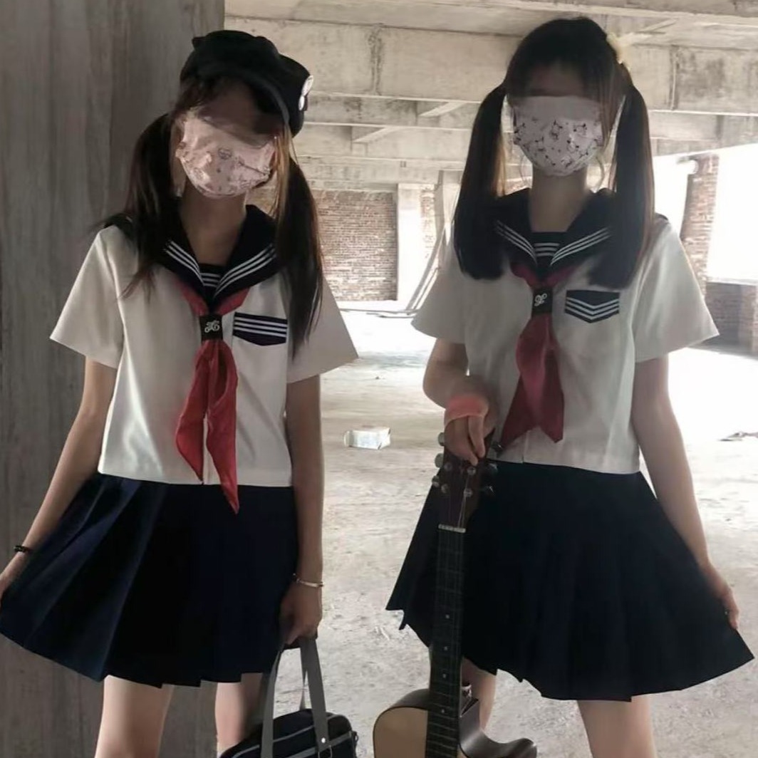 胖MM大码水手服jk制服小众基础款绀领三本长袖短袖夏季JK短裙套装