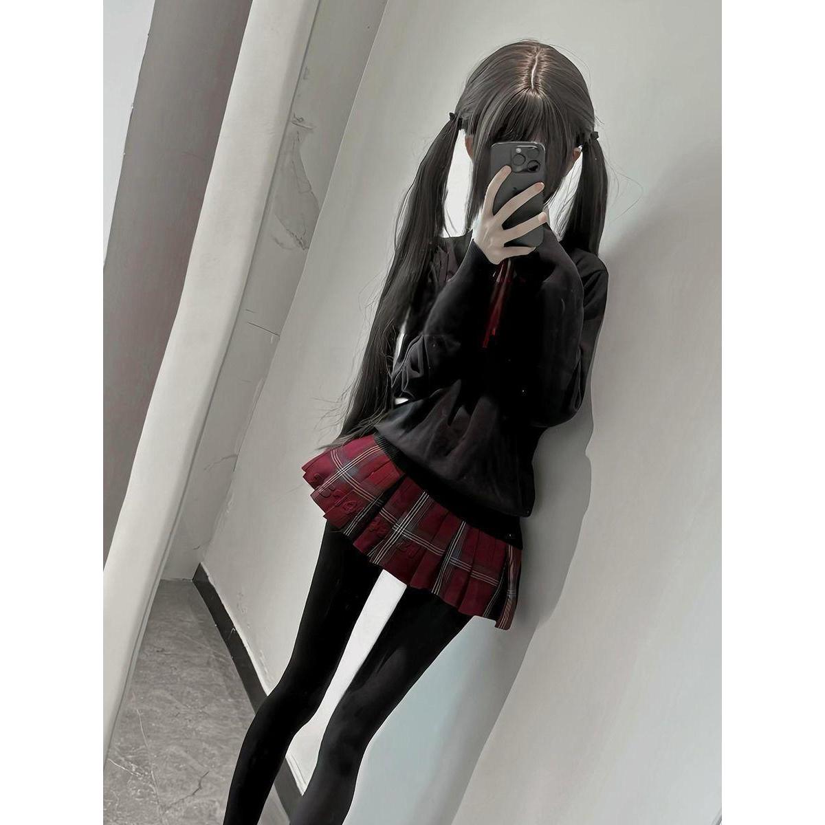 胖MM大码JK制服V领黑色套头毛衣叠穿长袖上衣玄JK短裙一整套装女