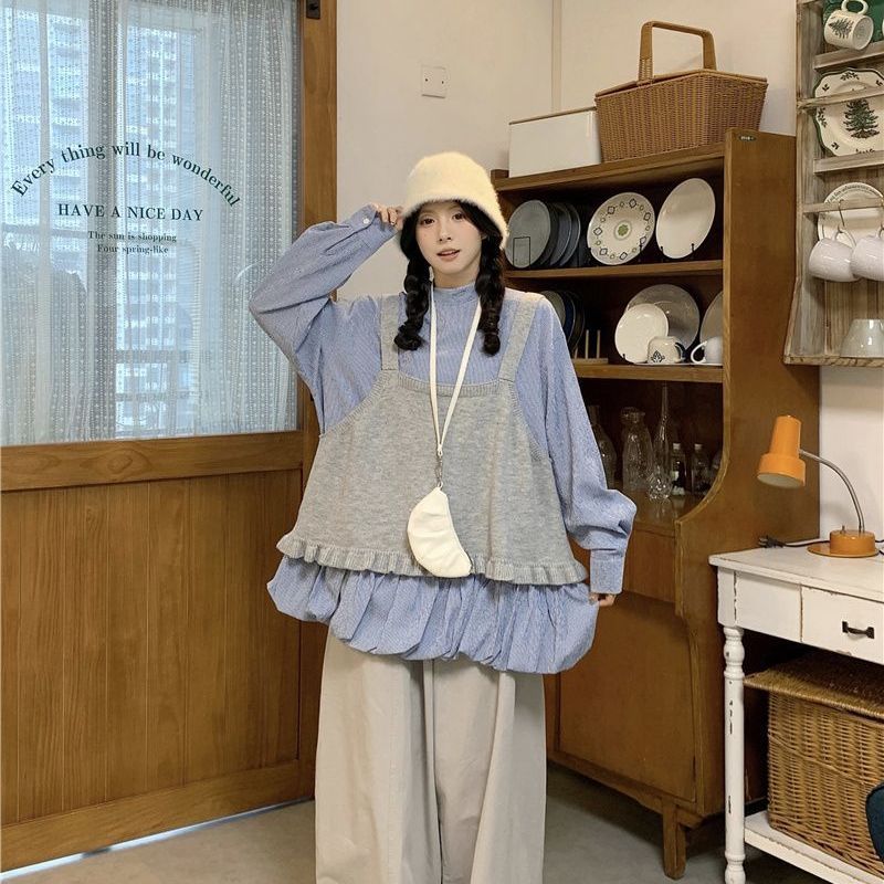 胖MM大码甜美格子蝴蝶结衬衫裙叠穿毛衣背心马甲两件套装宽松休闲