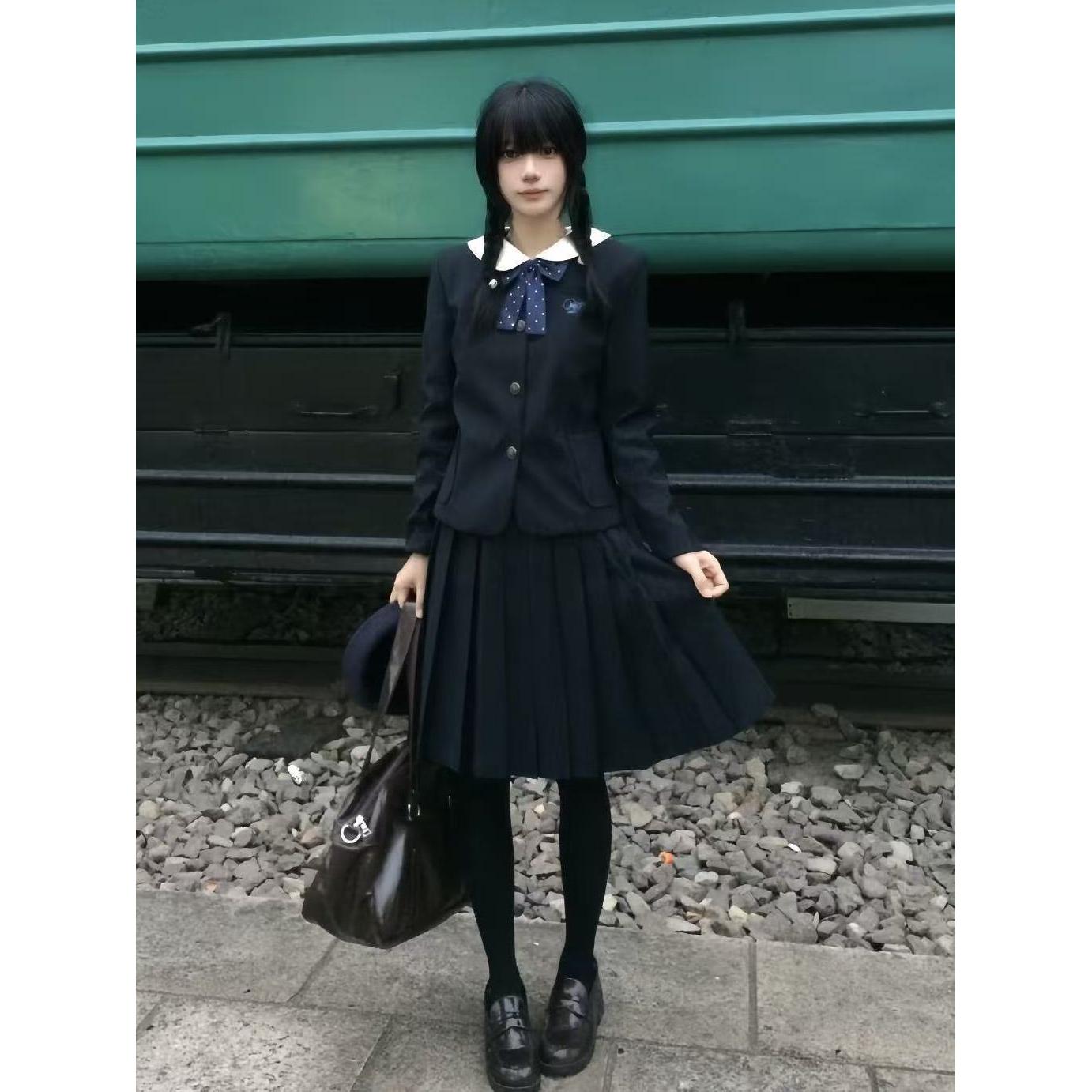 胖MM大码学生新款圆领绀色外套西装JK制服甜美韩系穿搭绀裙子套装