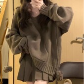 特大码 女装 微胖MM200斤遮肚慵懒风秋冬毛衣针织上衣百褶裙两件套