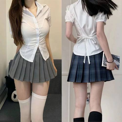特大码女装微胖MM200斤遮肚学院jk制服收腰绑带款纯欲风显瘦衬衫