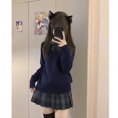胖MM大码秋冬JK制服套装针织衫毛衣日系学院风套头上衣格裙一整套