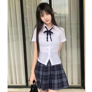 JK制服衬衫 显瘦辣妹短袖 胖MM大码 修身 jk格裙女 衬衣学院风夏季 新款