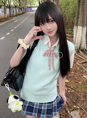 胖MM大码jk制服衬衫套头马甲无袖搭背心JK衬衣格子裙学生短裙套装