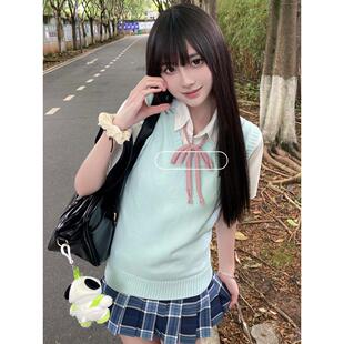 胖MM大码jk制服衬衫套头马甲无袖搭背心JK衬衣格子裙学生短裙套装