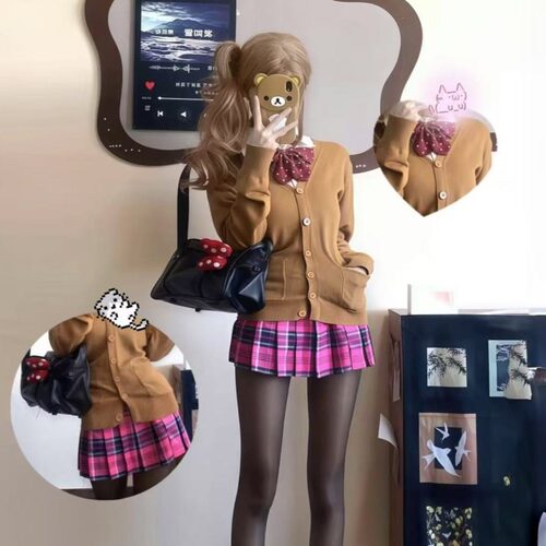 胖MM大码套装棕色针织V领开衫叠穿长袖上衣学院风小玫JK裙套装女