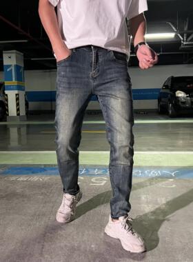做旧灰蓝色百搭褶皱水洗立体压膜长裤欧洲站牛仔裤男潮流弹力裤