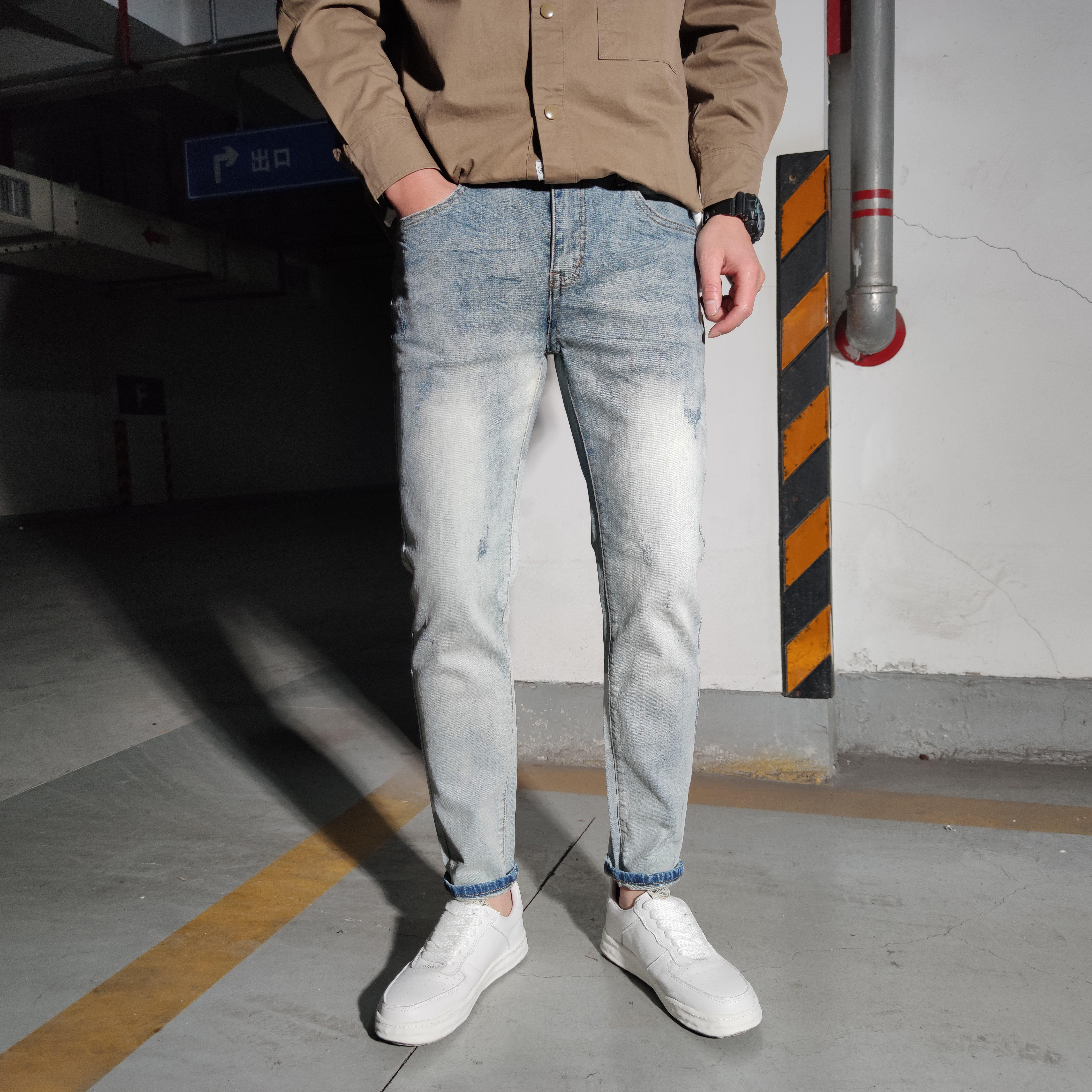 浅蓝九分牛仔裤男水洗铅笔裤
