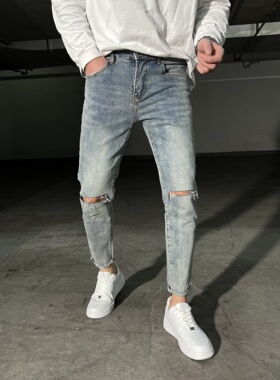 蓝色复古膝盖一刀割破洞牛仔男裤修身小脚毛边休闲潮流弹力九分裤