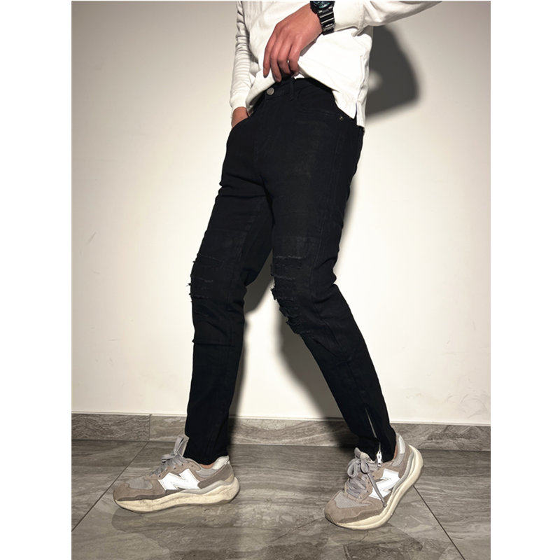 黑色破洞补丁美式高街修身小脚牛仔长裤男韩版流行显瘦拉链弹力裤